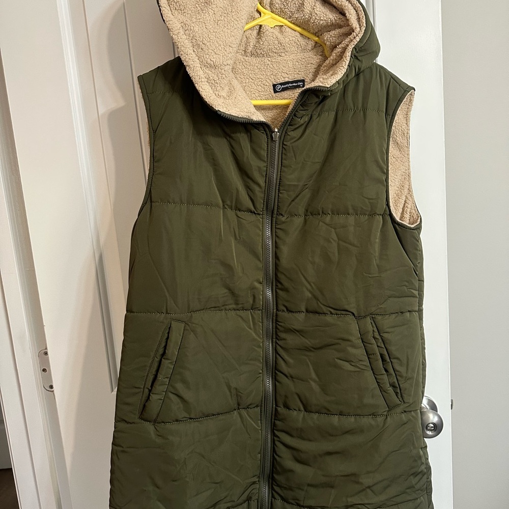 Cream and Green Quilted Vest with High Collar